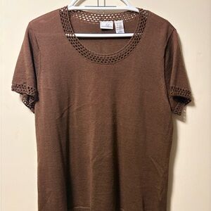 Jaclyn Smith Chocolate Brown Crochet-Trim Short Sleeve Tee